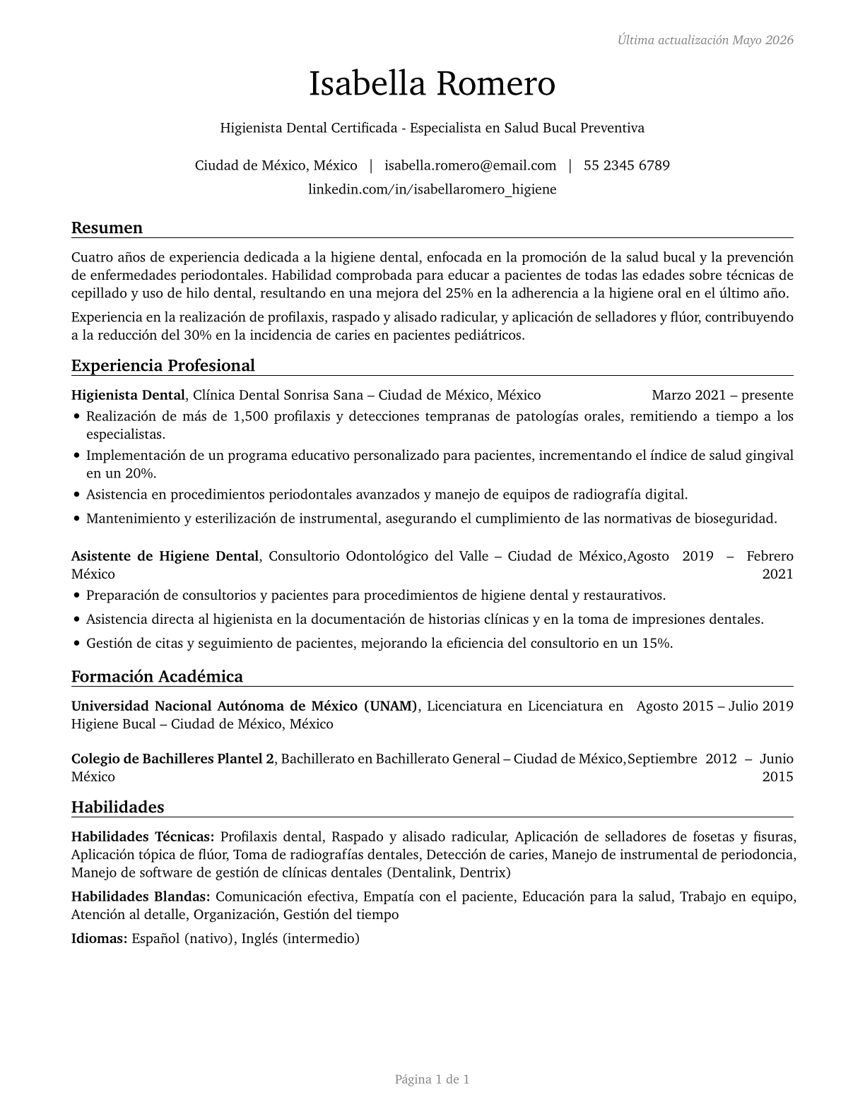 Dental Hygienists CV in Spanish — page 1