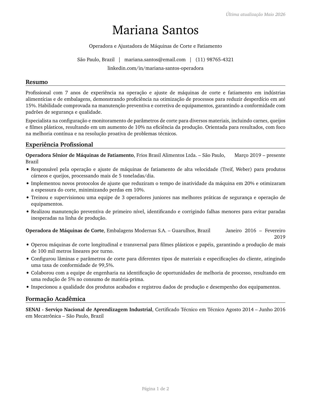Cutting and Slicing Machine Setters, Operators, and Tenders CV in Portuguese — page 1