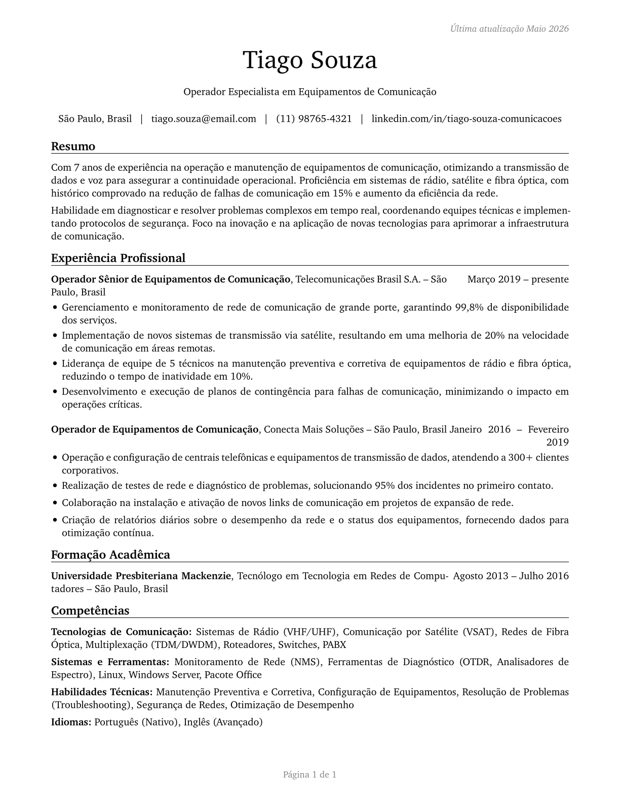 Communications Equipment Operators, All Other CV in Portuguese — page 1