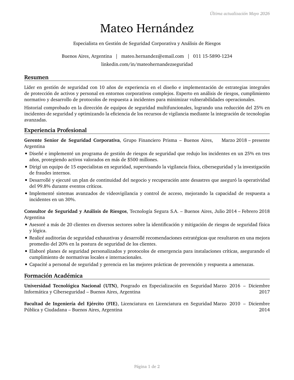 Security Management Specialists CV in Spanish — page 1