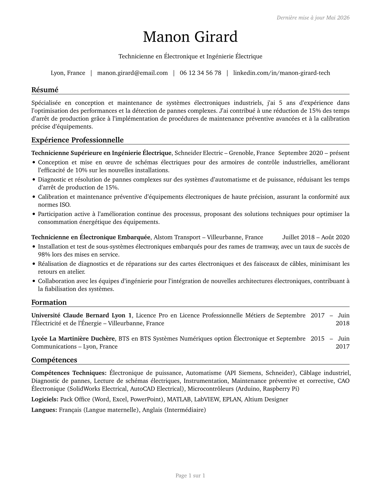Electrical and Electronic Engineering Technologists and Technicians CV in French — page 1