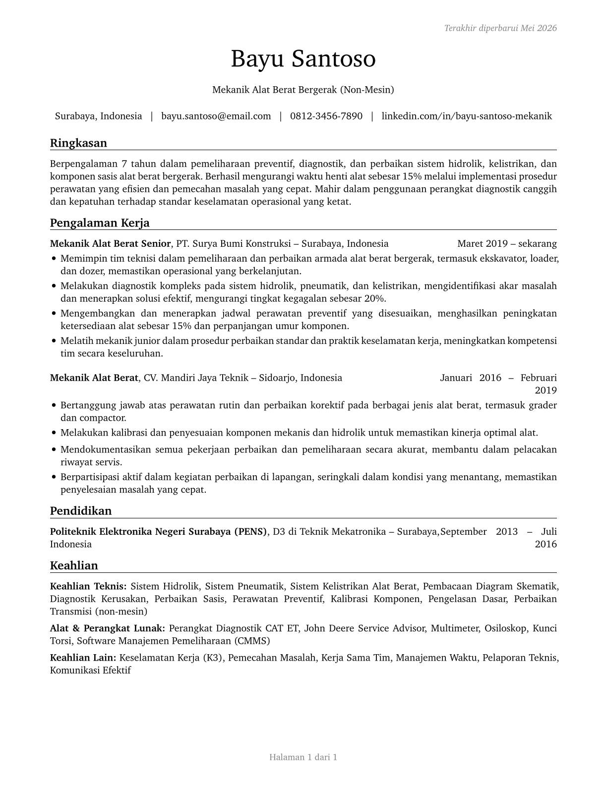 Mobile Heavy Equipment Mechanics, Except Engines CV in Indonesian — page 1