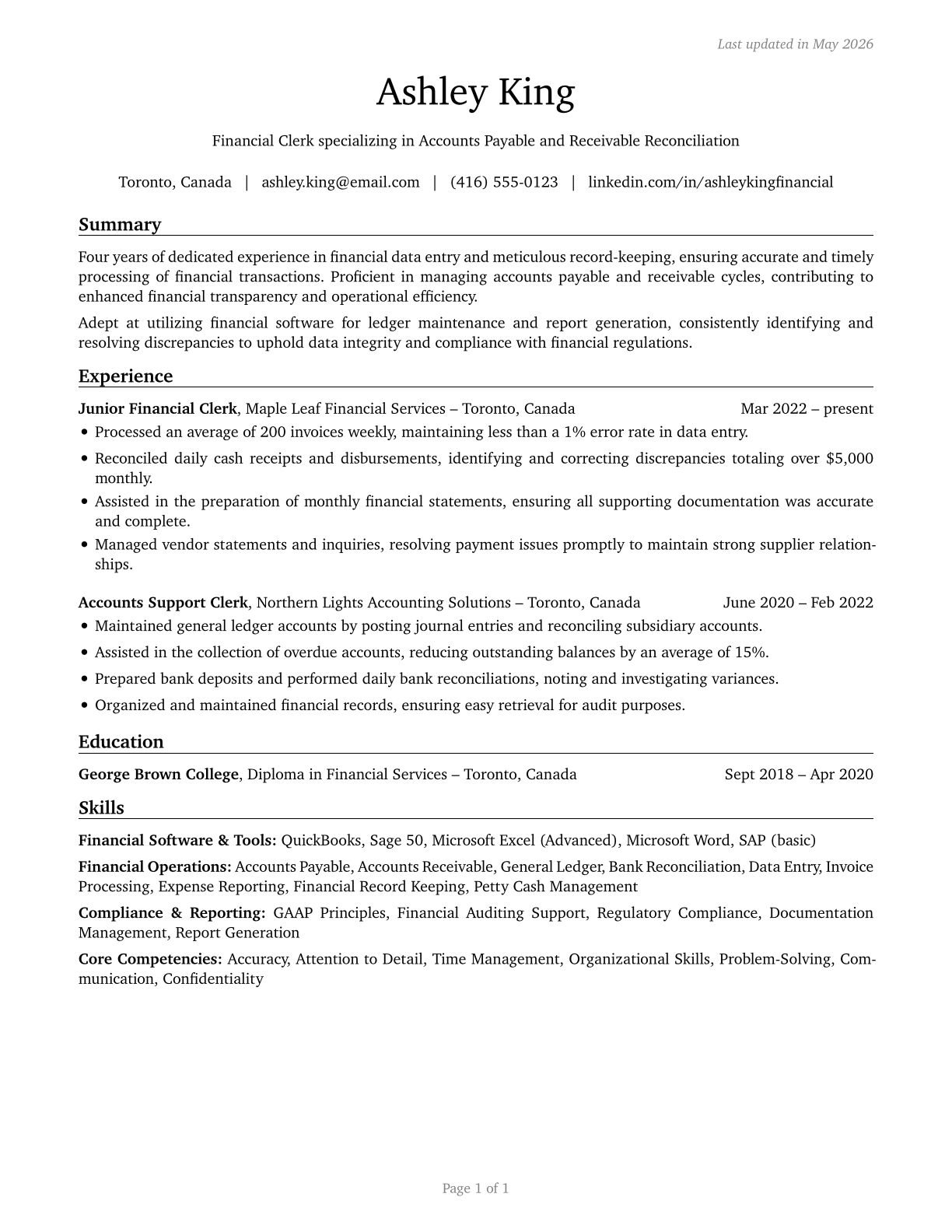 Financial Clerks, All Other CV in English — page 1