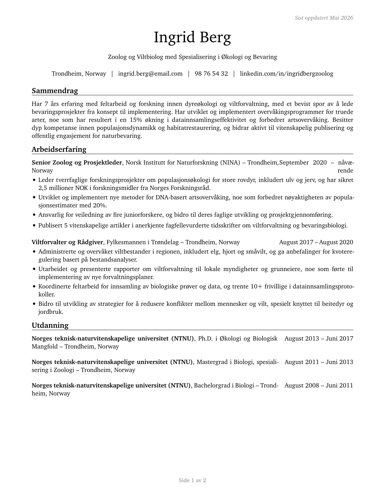 Zoologists and Wildlife Biologists CV in Norwegian_bokmal — page 1