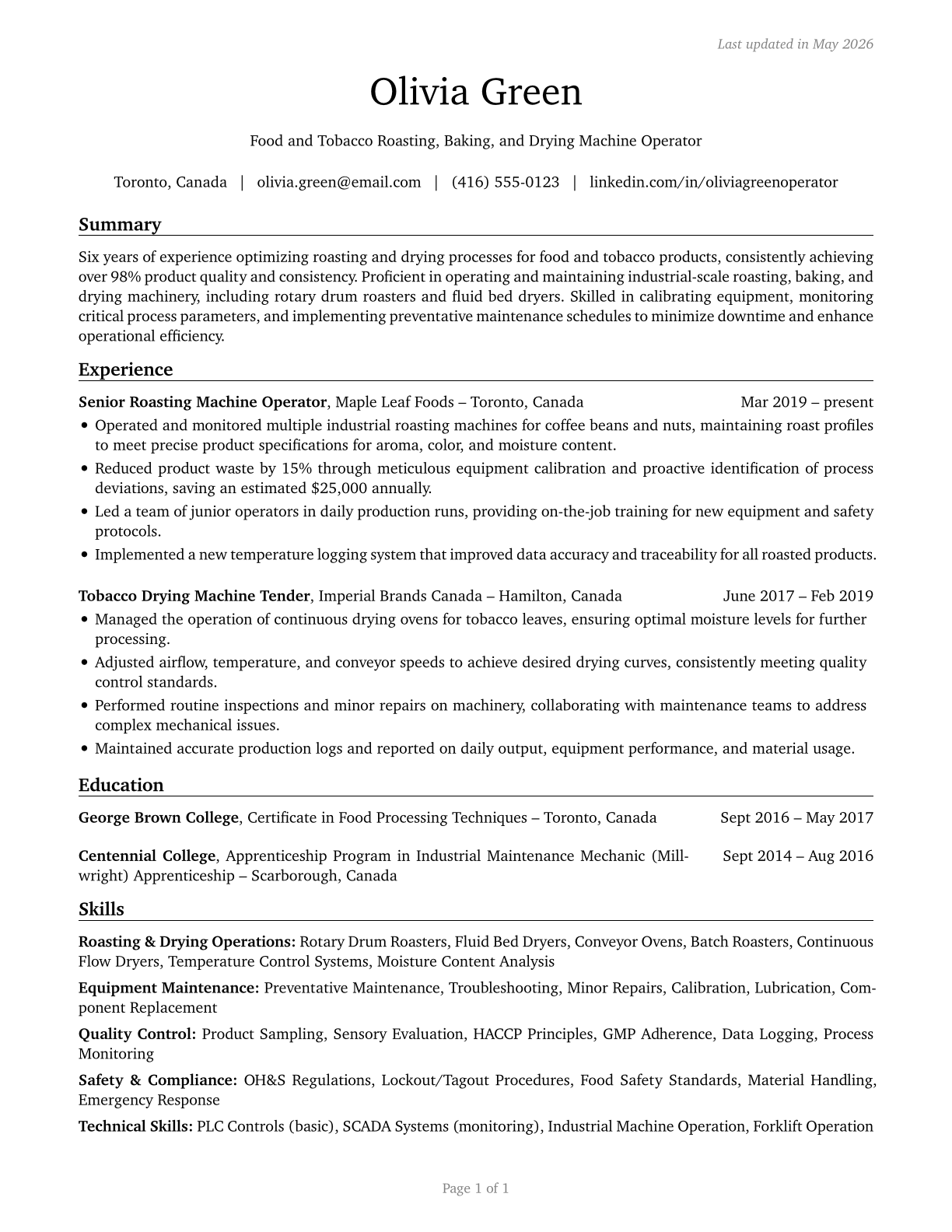 Food and Tobacco Roasting, Baking, and Drying Machine Operators and Tenders CV in English — page 1