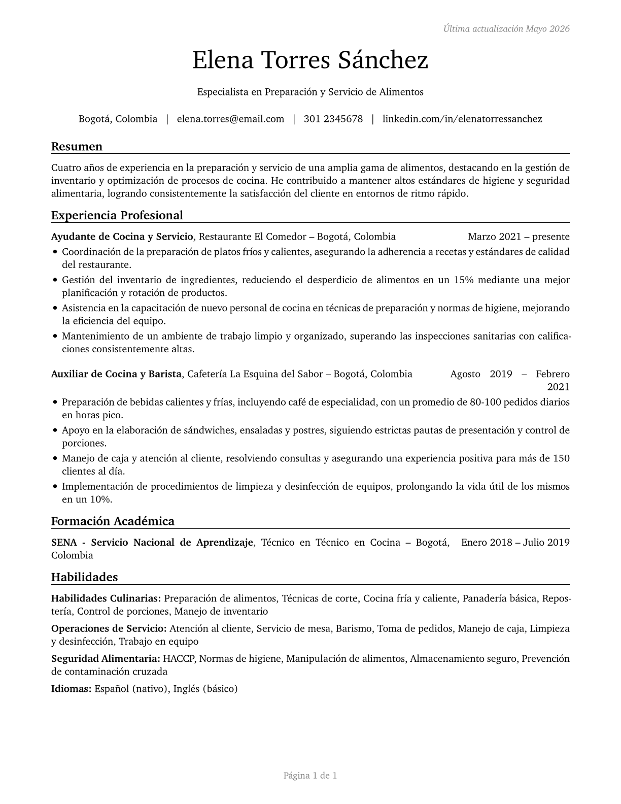 Food Preparation and Serving Related Workers, All Other CV in Spanish — page 1