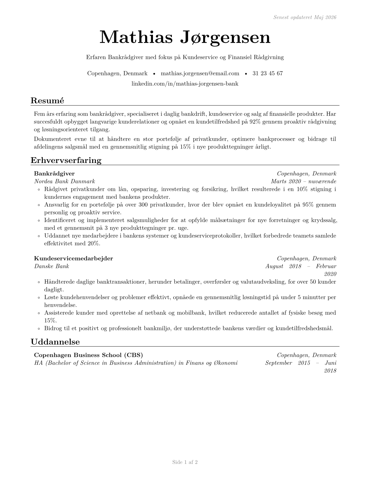 Tellers CV in Danish — page 1
