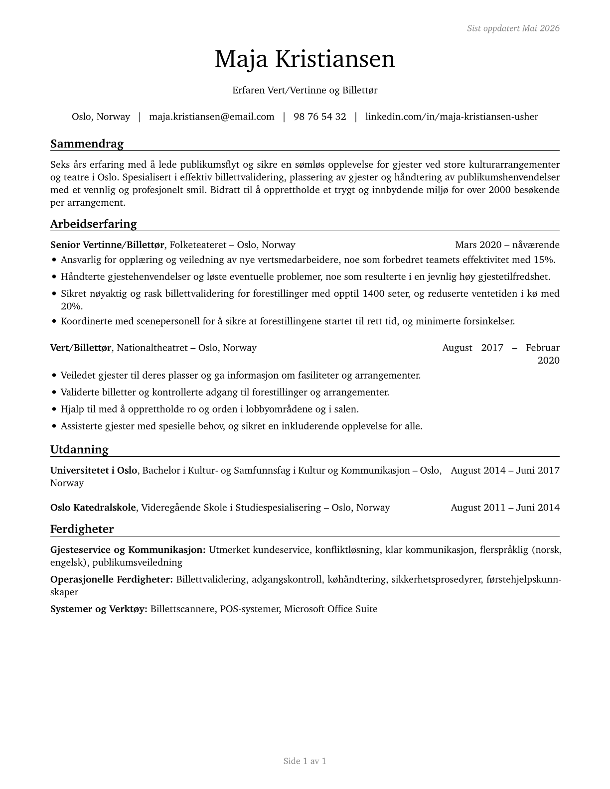 Ushers, Lobby Attendants, and Ticket Takers CV in Norwegian_bokmal — page 1