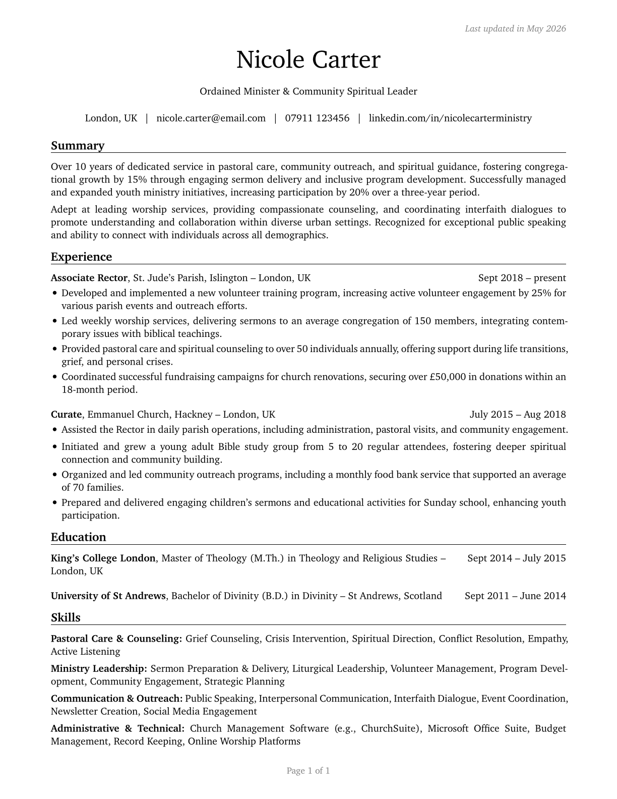 Clergy CV in English — page 1