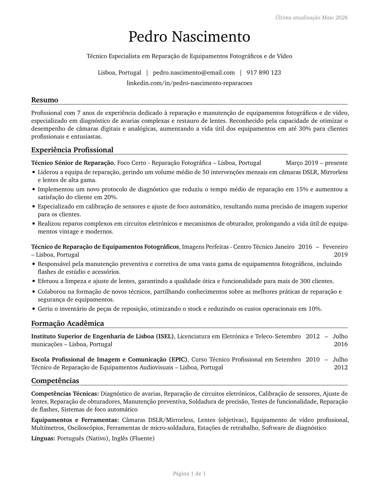 Camera and Photographic Equipment Repairers CV in Portuguese — page 1
