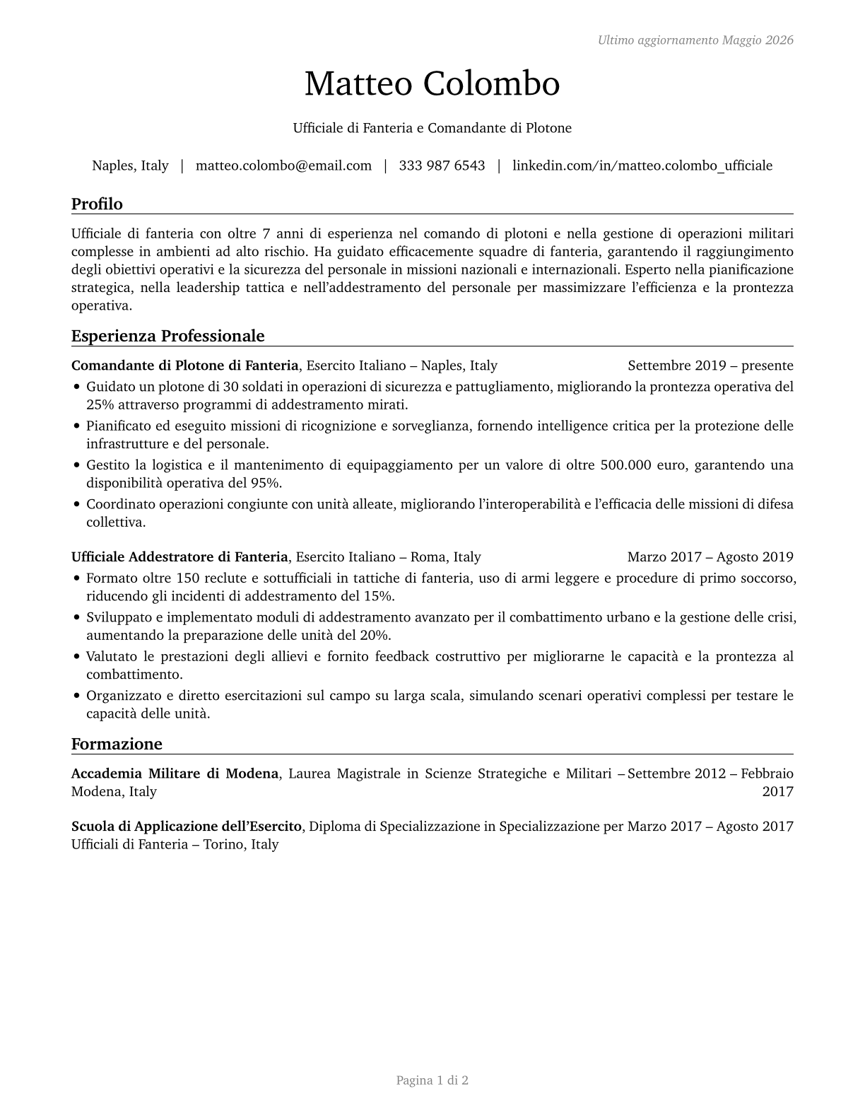 Infantry Officers CV in Italian — page 1