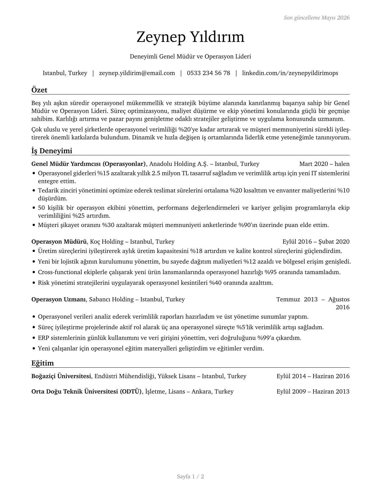 General and Operations Managers CV in Turkish — page 1