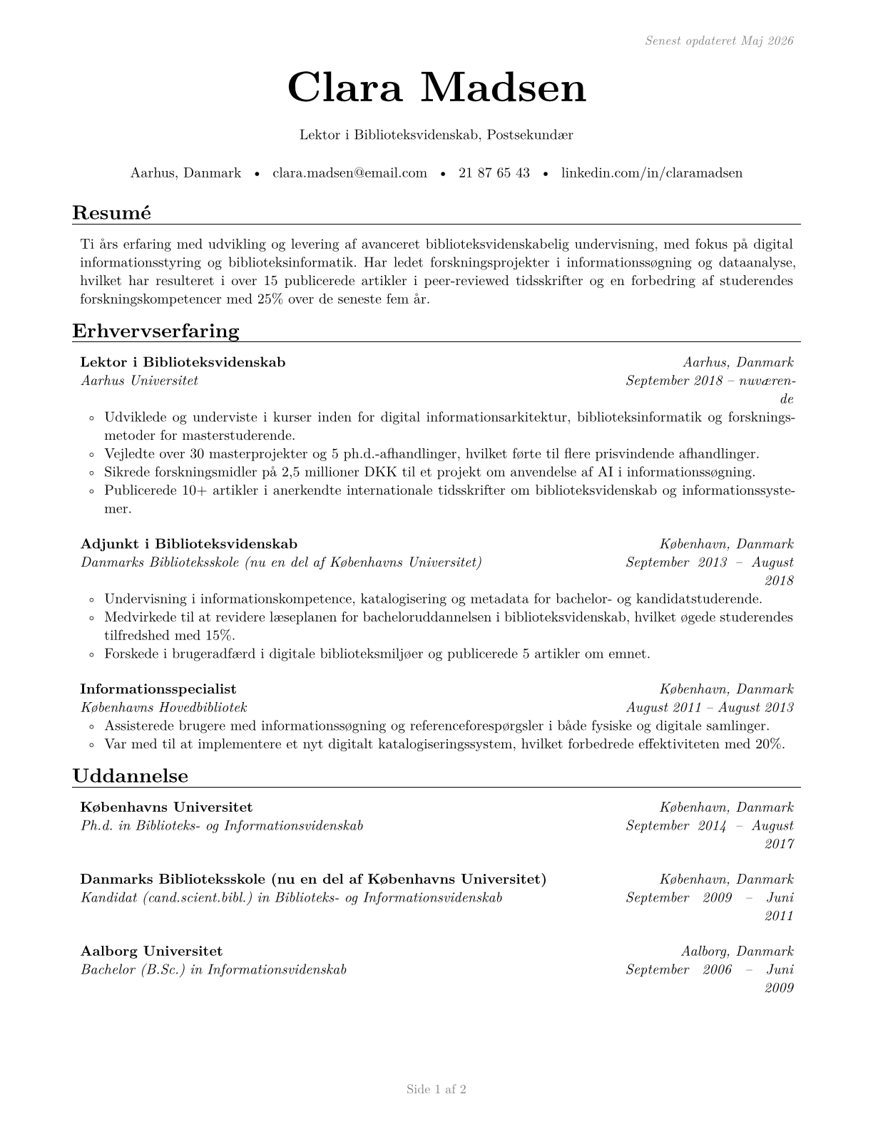 Library Science Teachers, Postsecondary CV in Danish — page 1