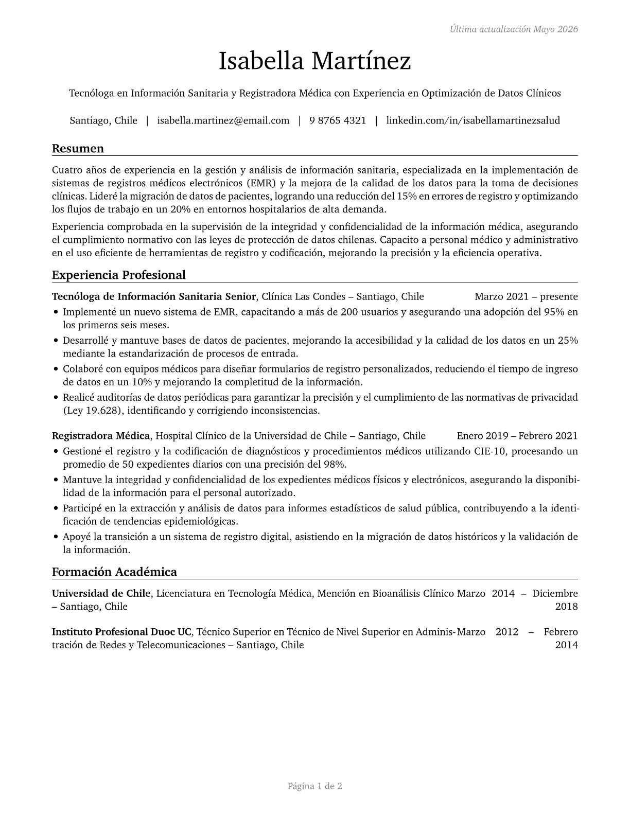 Health Information Technologists and Medical Registrars CV in Spanish — page 1