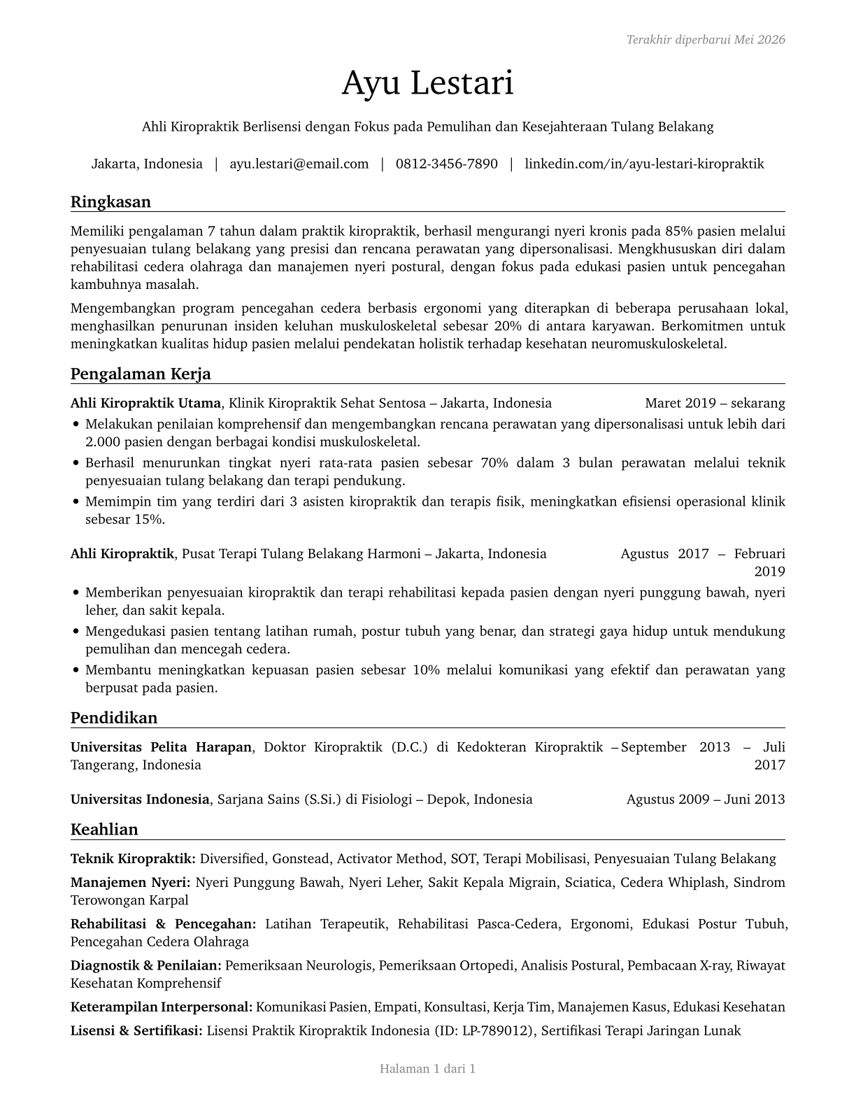 Chiropractors CV in Indonesian — page 1