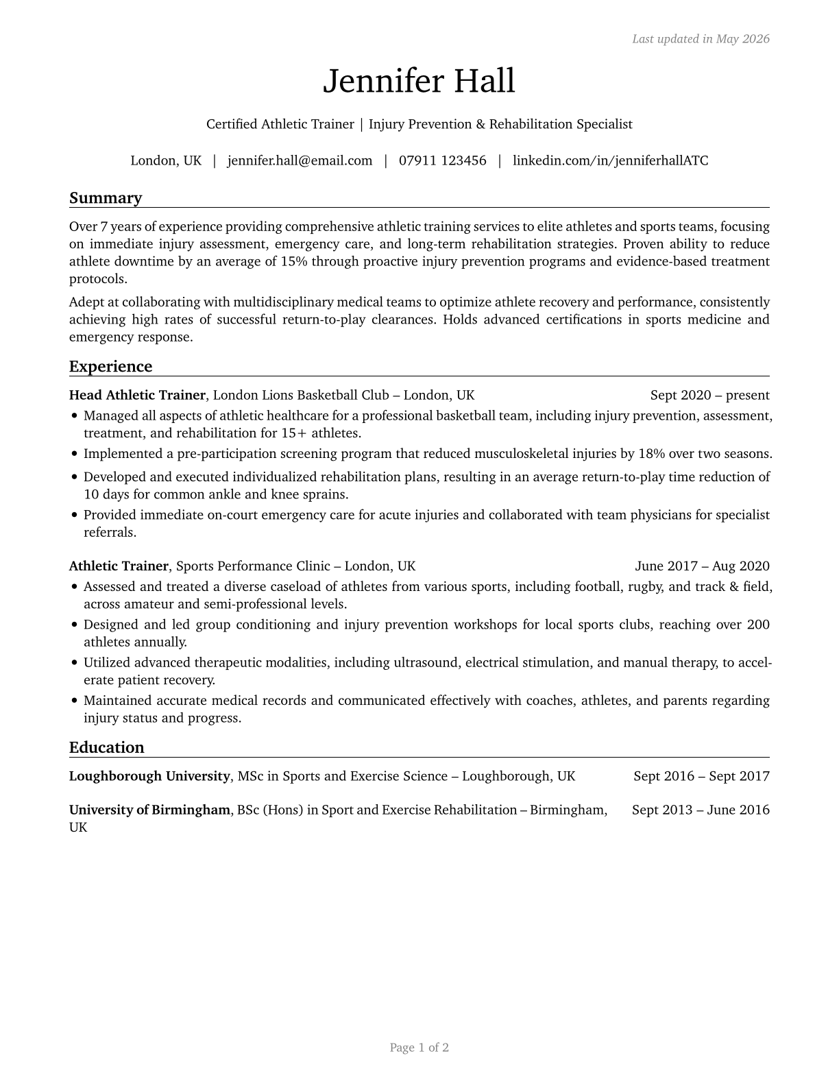 Athletic Trainers CV in English — page 1