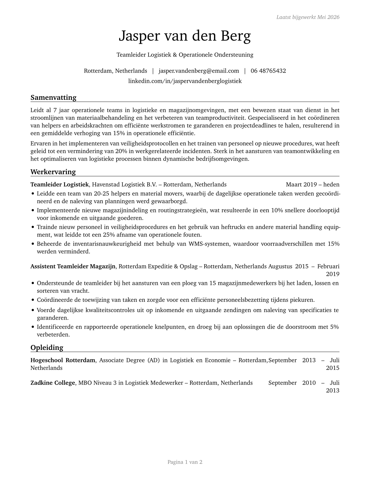 First-Line Supervisors of Helpers, Laborers, and Material Movers, Hand CV in Dutch — page 1