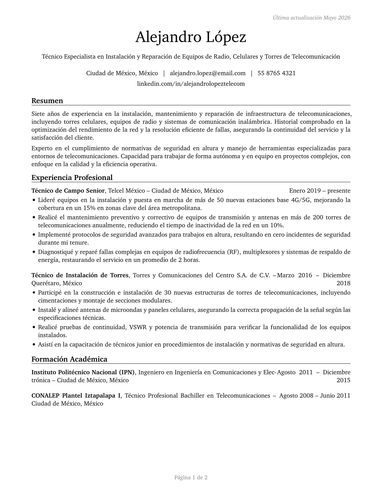 Radio, Cellular, and Tower Equipment Installers and Repairers CV in Spanish — page 1