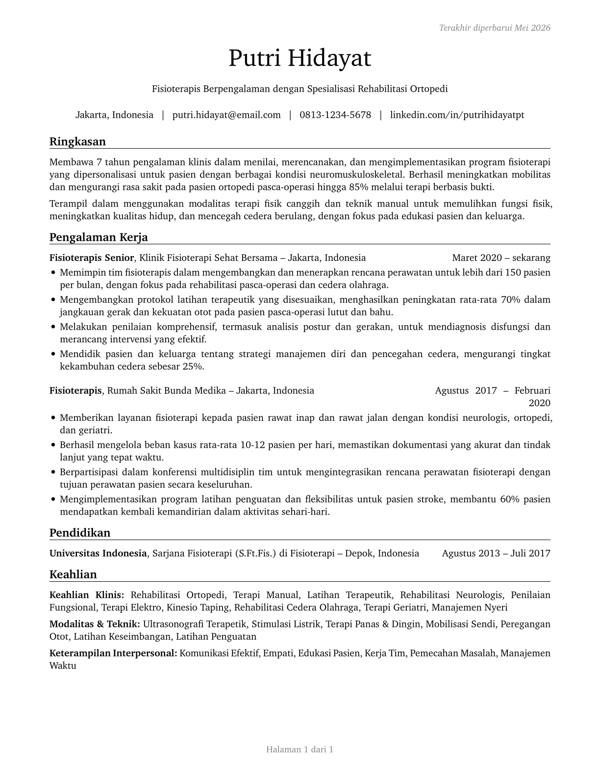 Physical Therapists CV in Indonesian — page 1