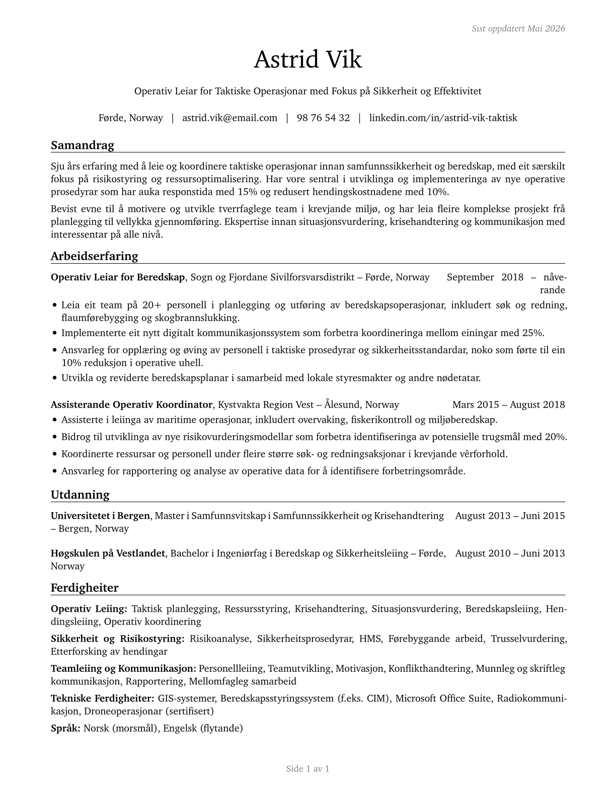 First-Line Supervisors of All Other Tactical Operations Specialists CV in Norwegian_nynorsk — page 1