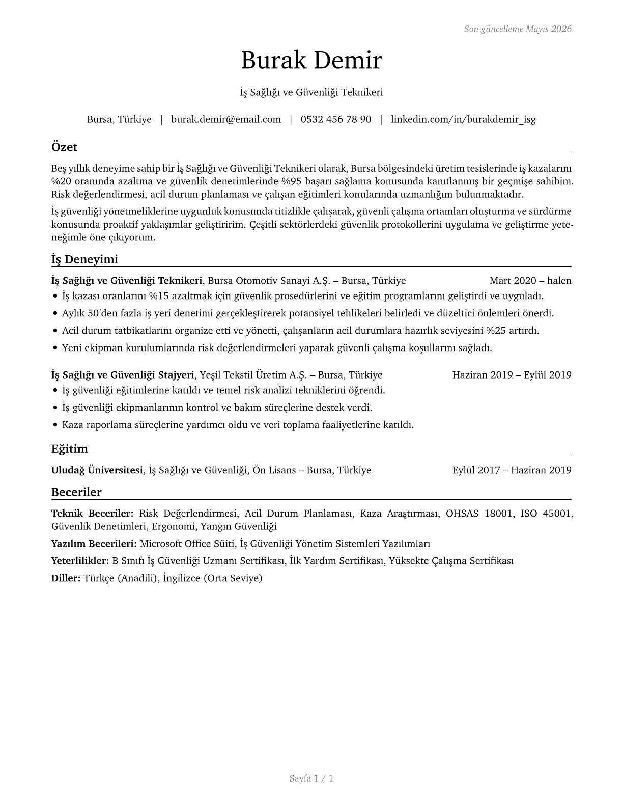 Occupational Health and Safety Technicians CV in Turkish — page 1