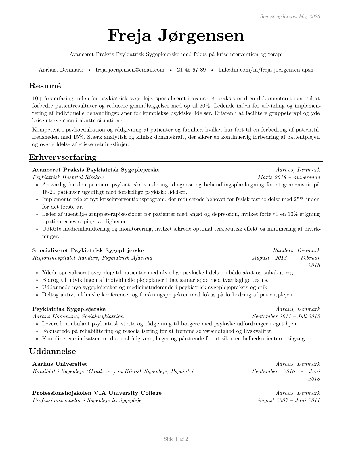 Advanced Practice Psychiatric Nurses CV in Danish — page 1