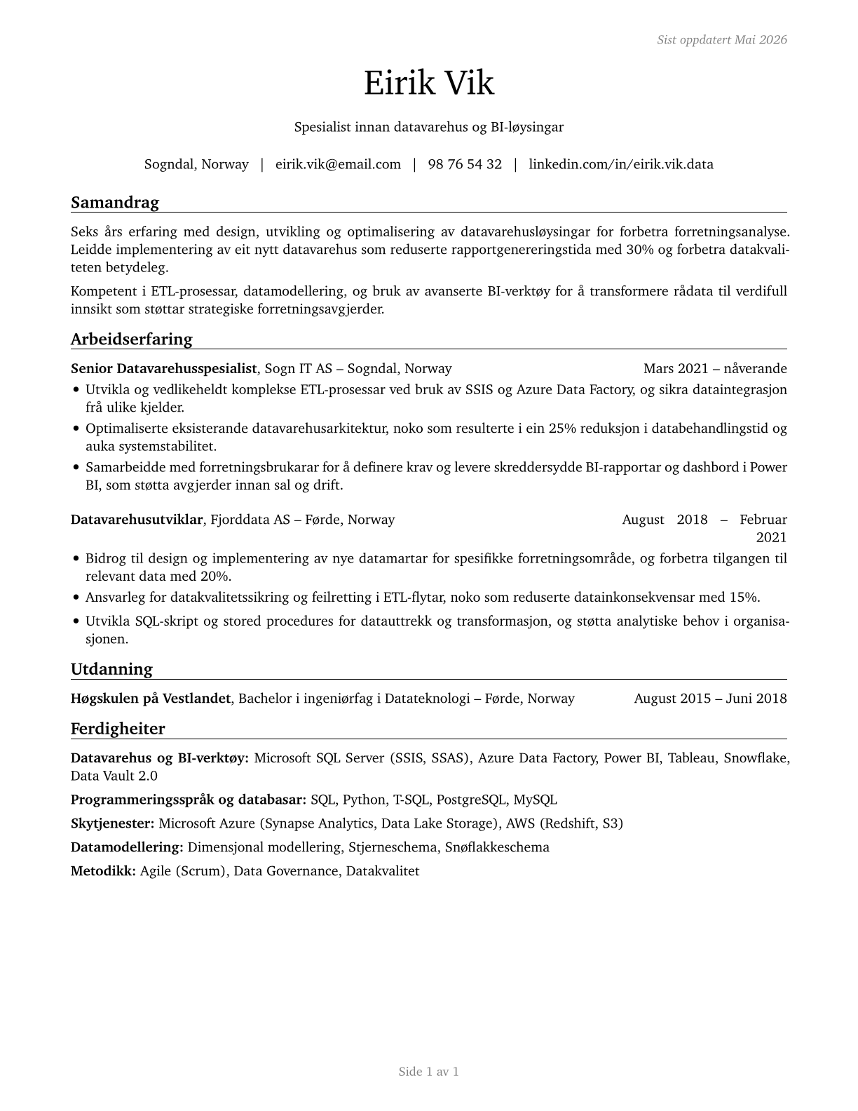 Data Warehousing Specialists CV in Norwegian_nynorsk — page 1
