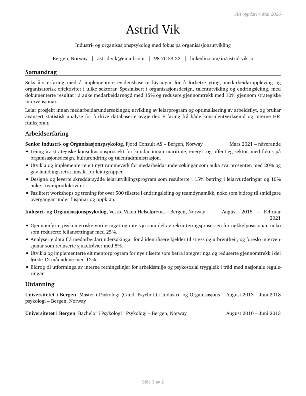 Industrial-Organizational Psychologists CV in Norwegian_nynorsk — page 1