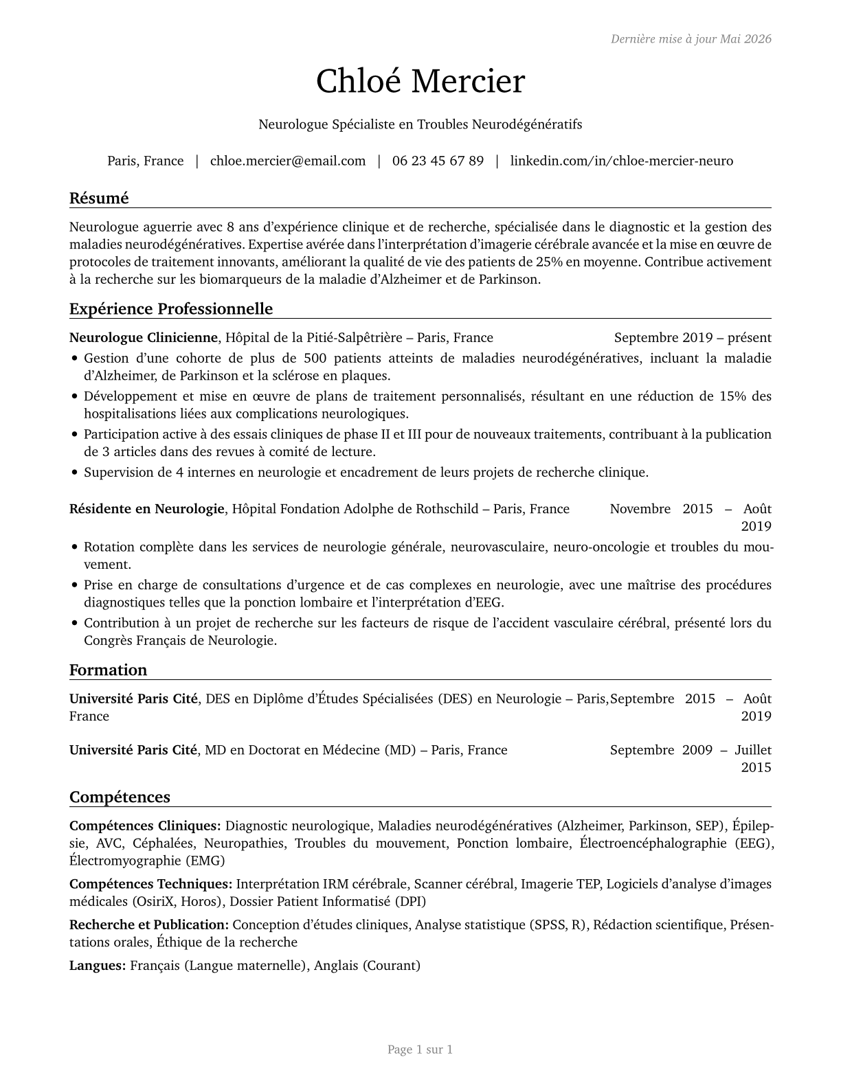 Neurologists CV in French — page 1