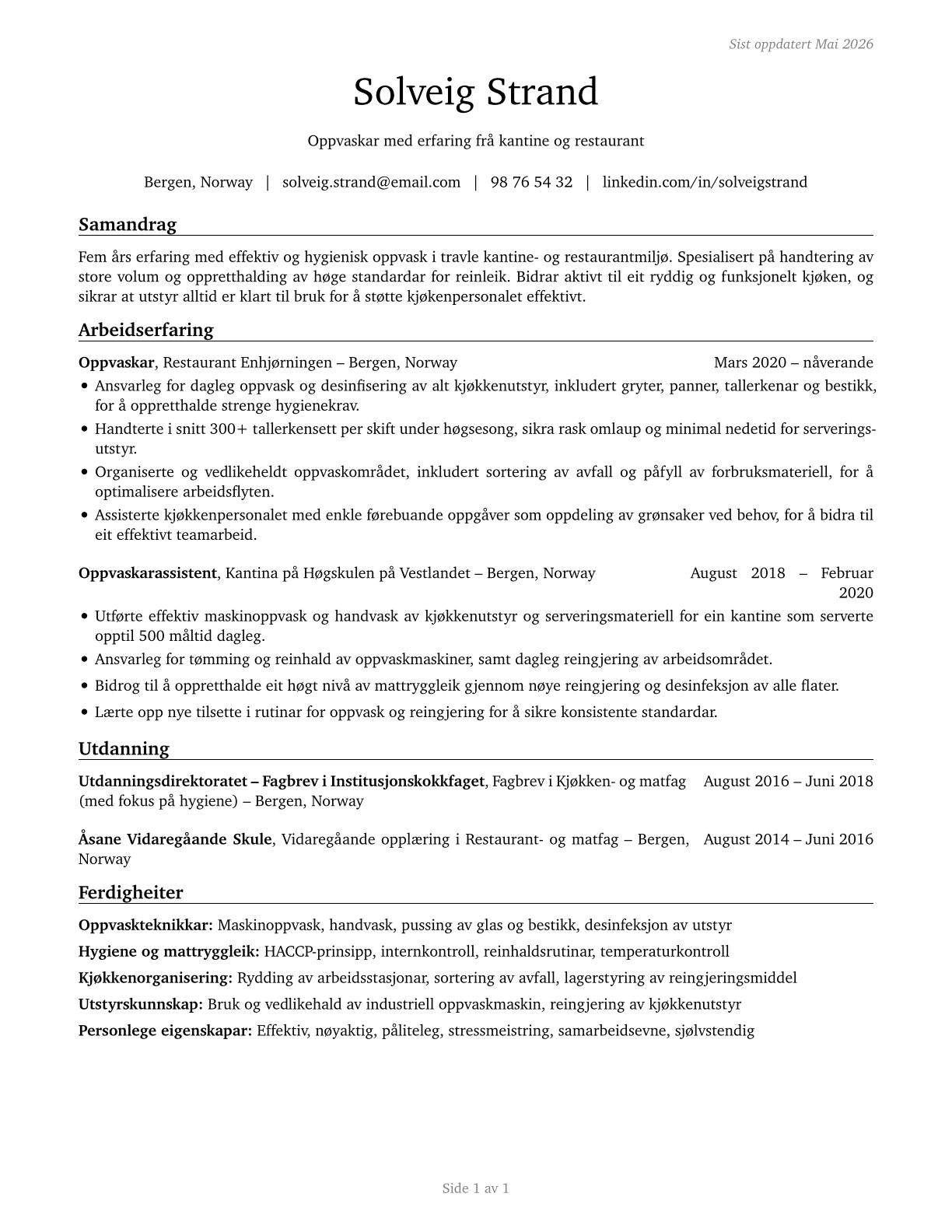 Dishwashers CV in Norwegian_nynorsk — page 1