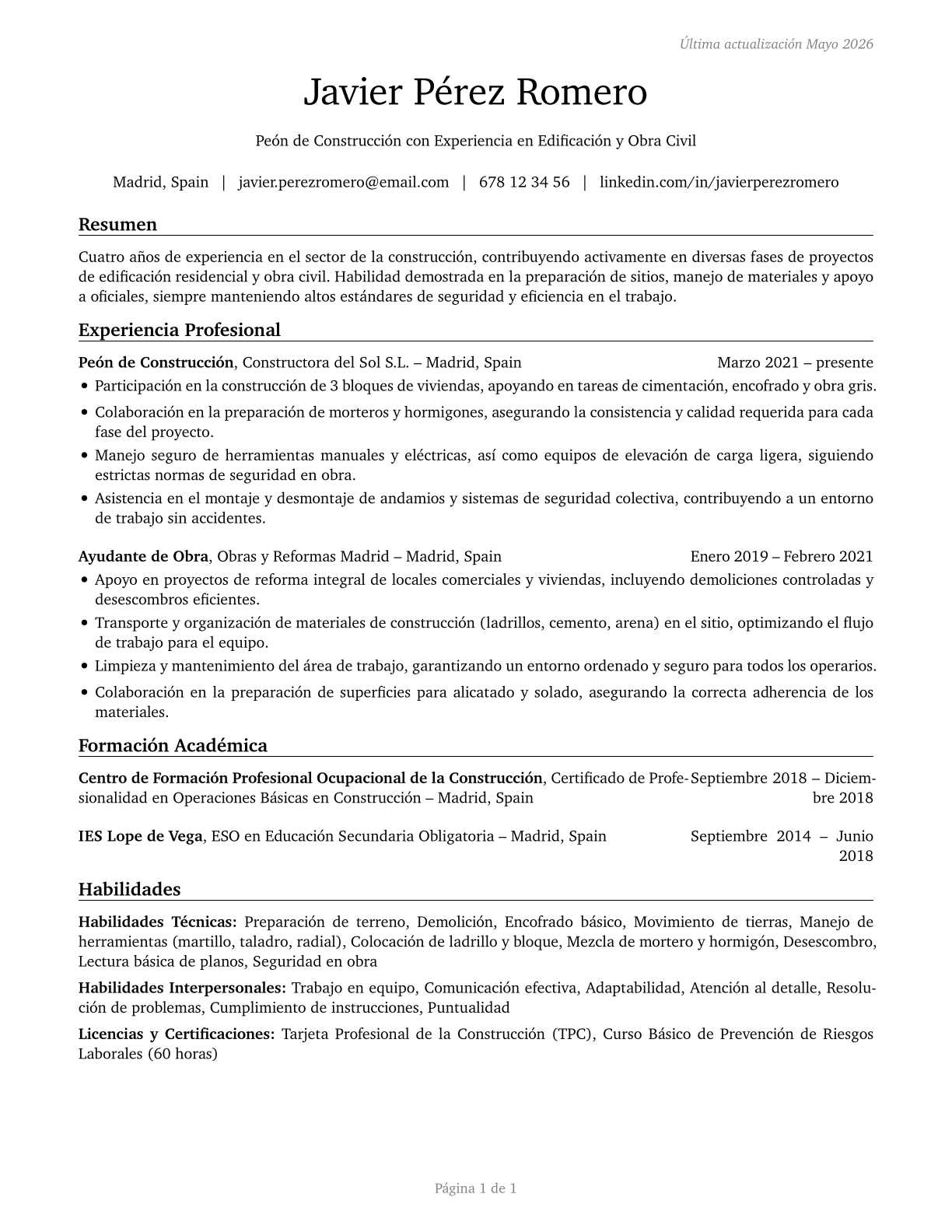 Construction Laborers CV in Spanish — page 1