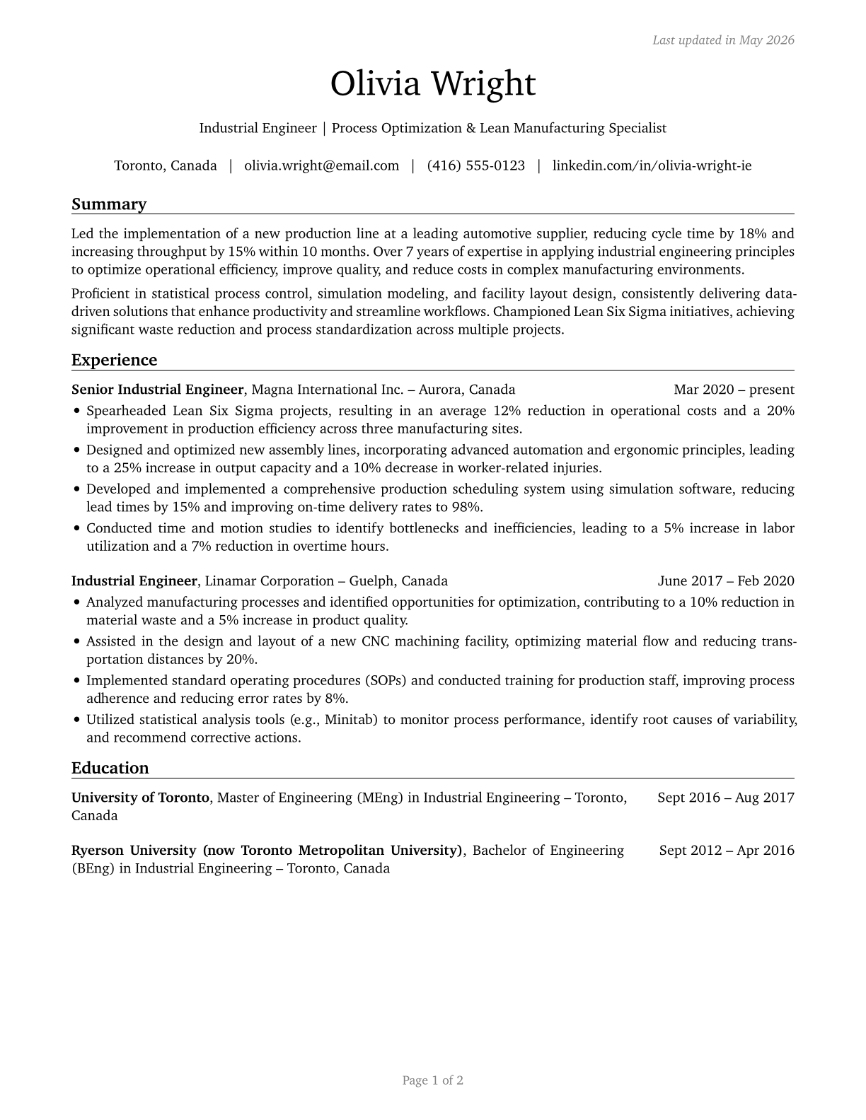 Industrial Engineers CV in English — page 1