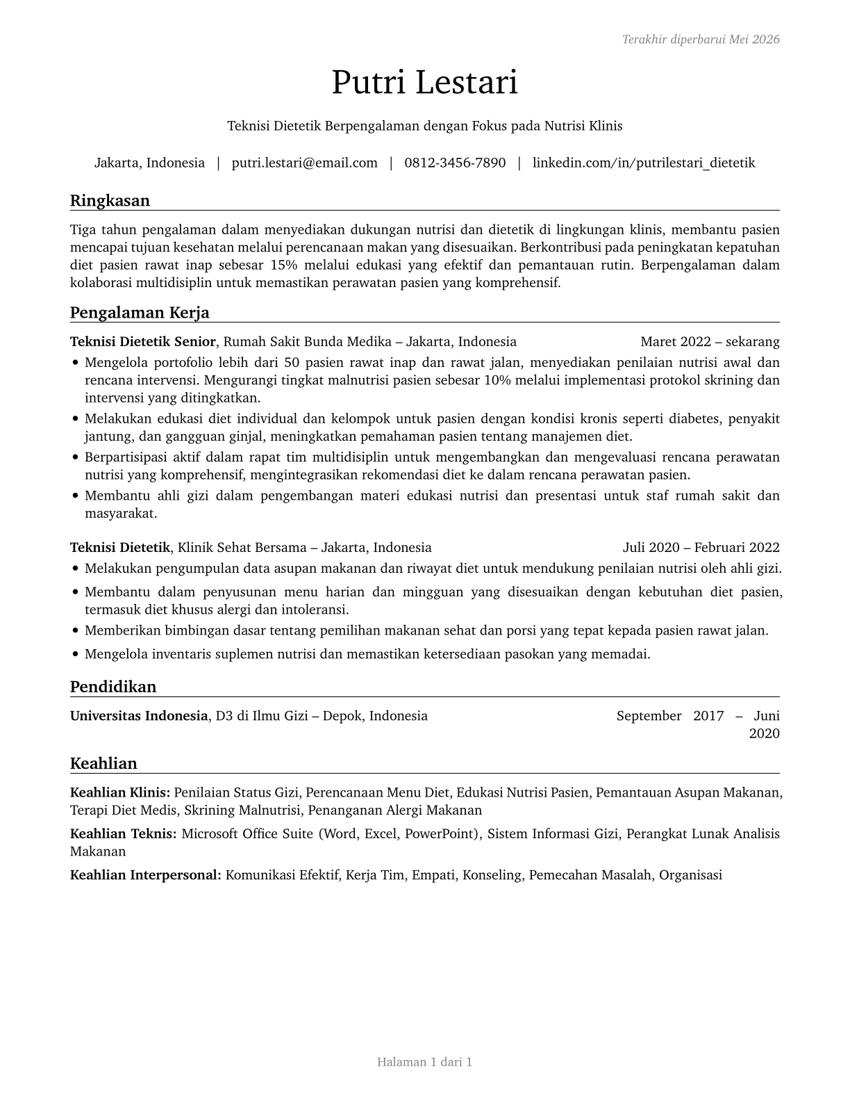Dietetic Technicians CV in Indonesian — page 1