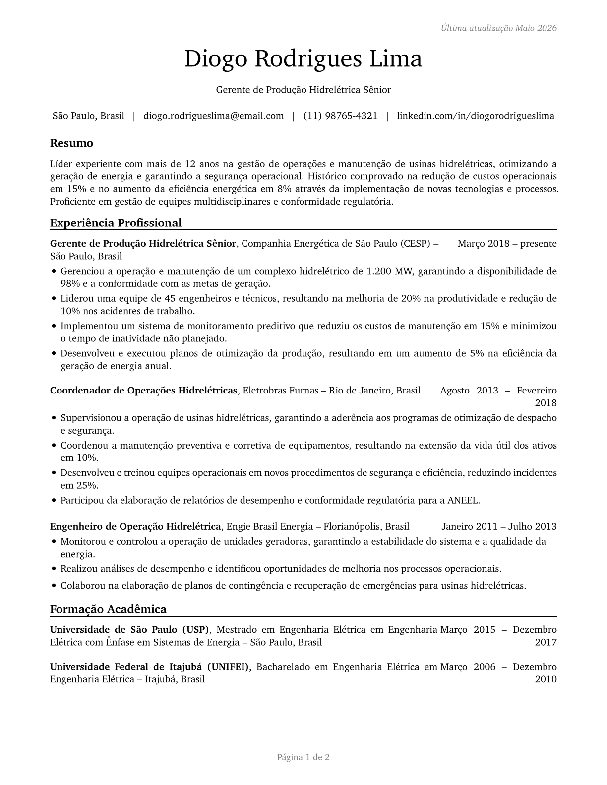 Hydroelectric Production Managers CV in Portuguese — page 1