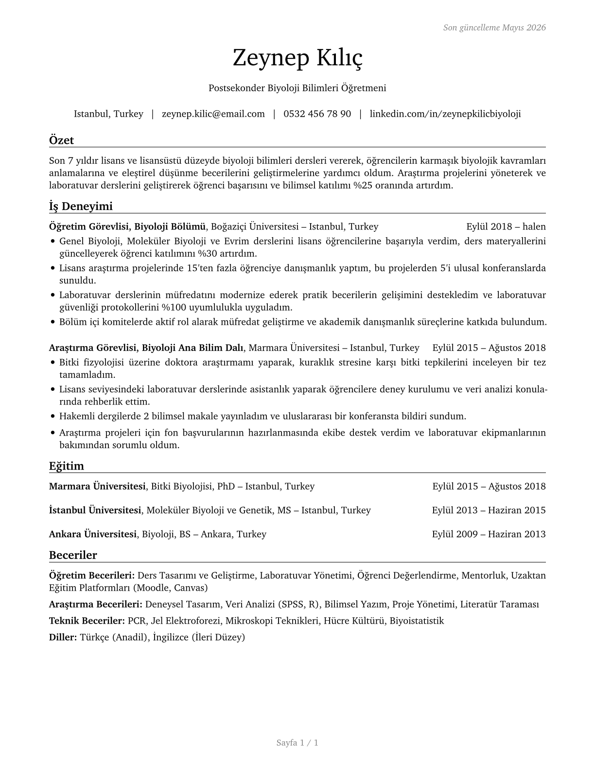 Biological Science Teachers, Postsecondary CV in Turkish — page 1