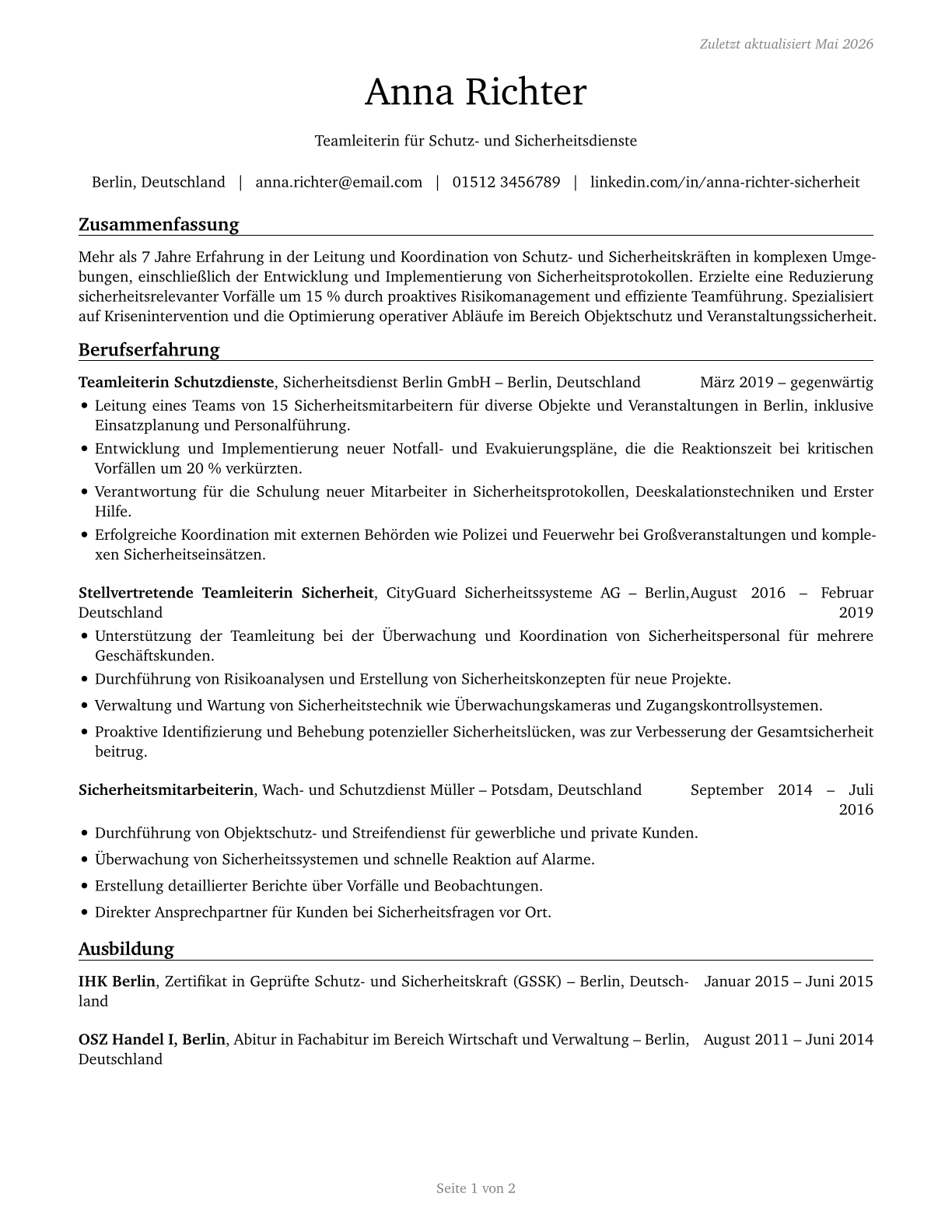 First-Line Supervisors of Protective Service Workers, All Other CV in German — page 1