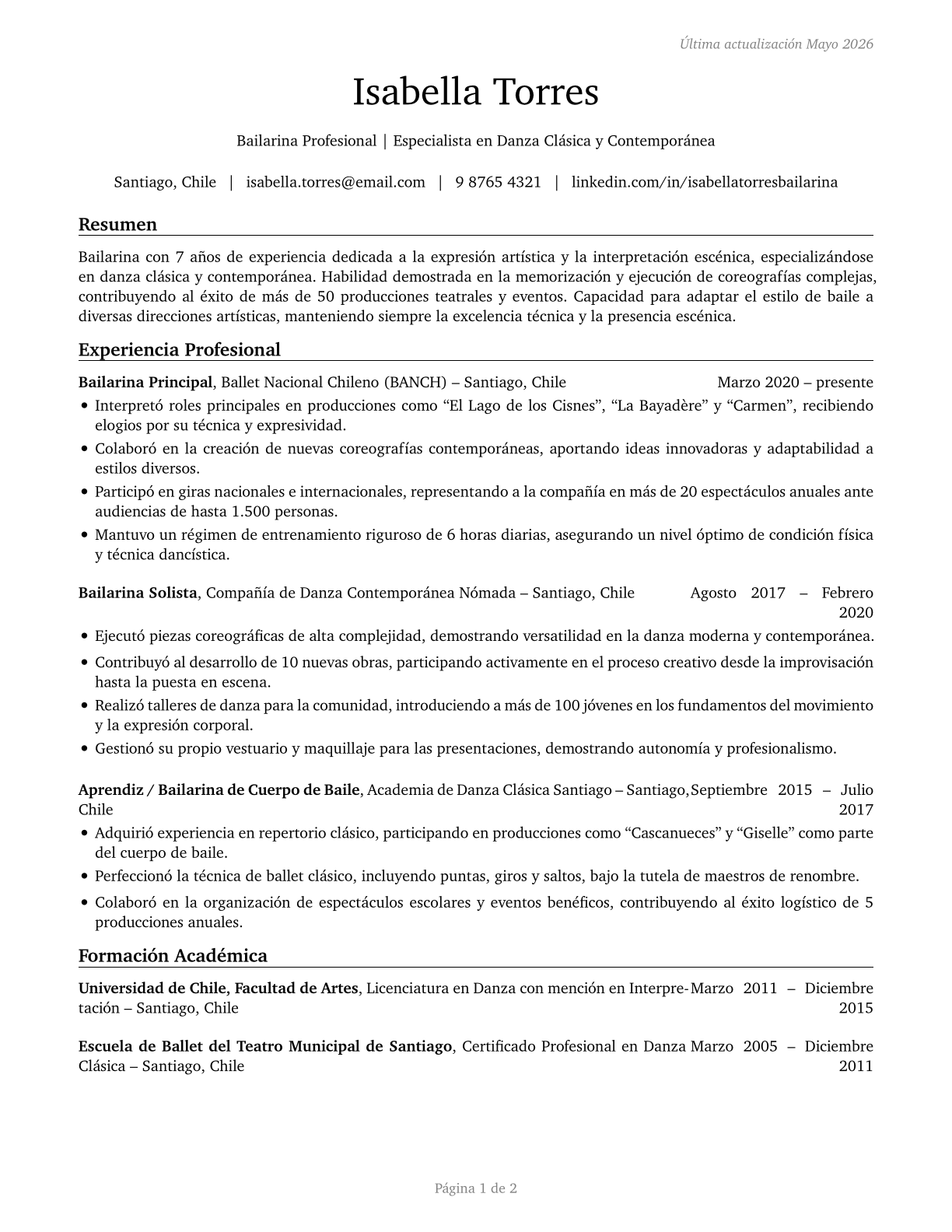 Dancers CV in Spanish — page 1