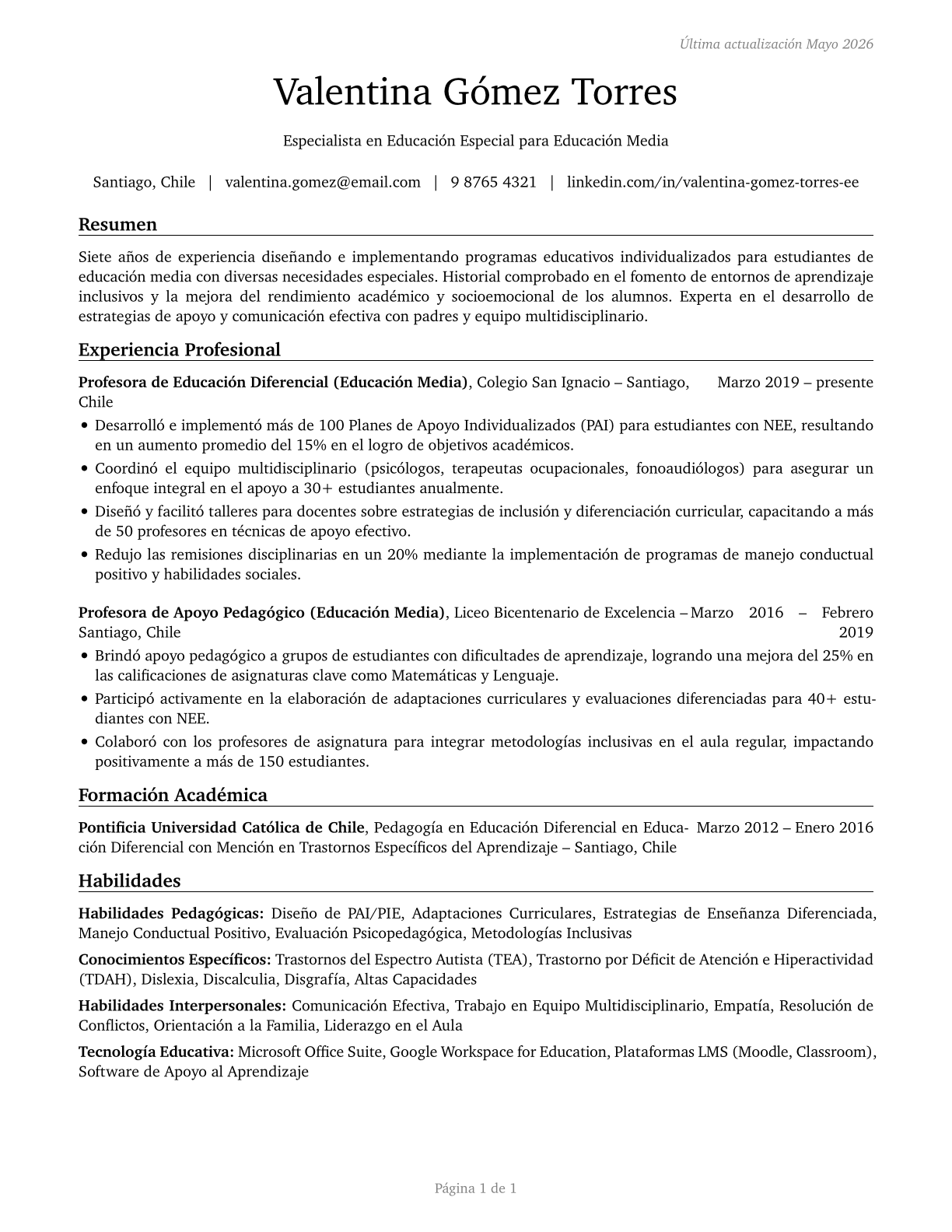 Special Education Teachers, Middle School CV in Spanish — page 1