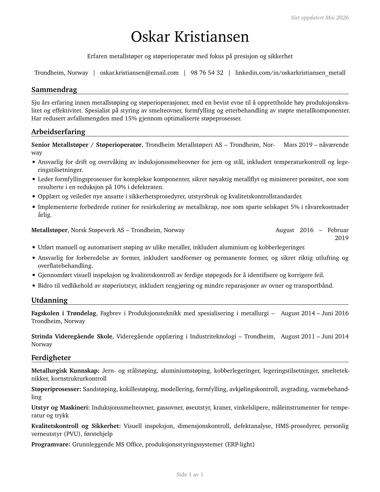 Pourers and Casters, Metal CV in Norwegian_bokmal — page 1