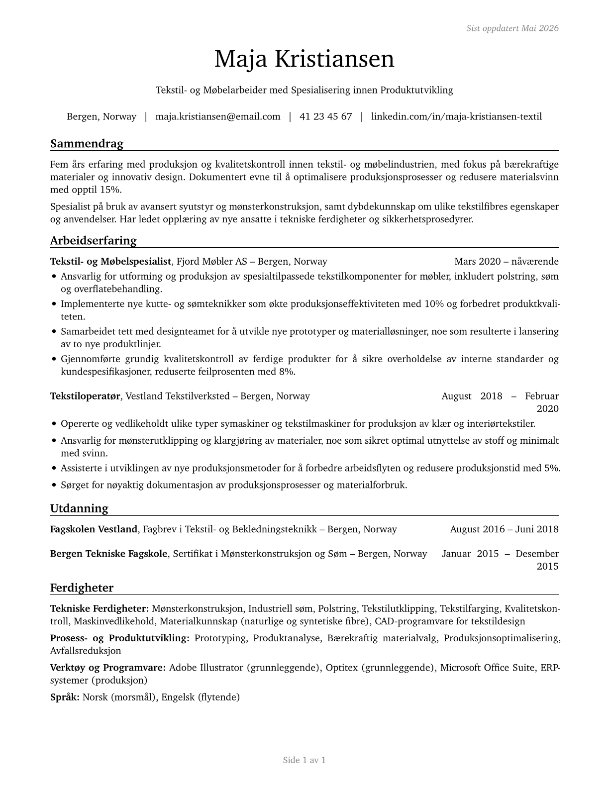 Textile, Apparel, and Furnishings Workers, All Other CV in Norwegian_bokmal — page 1