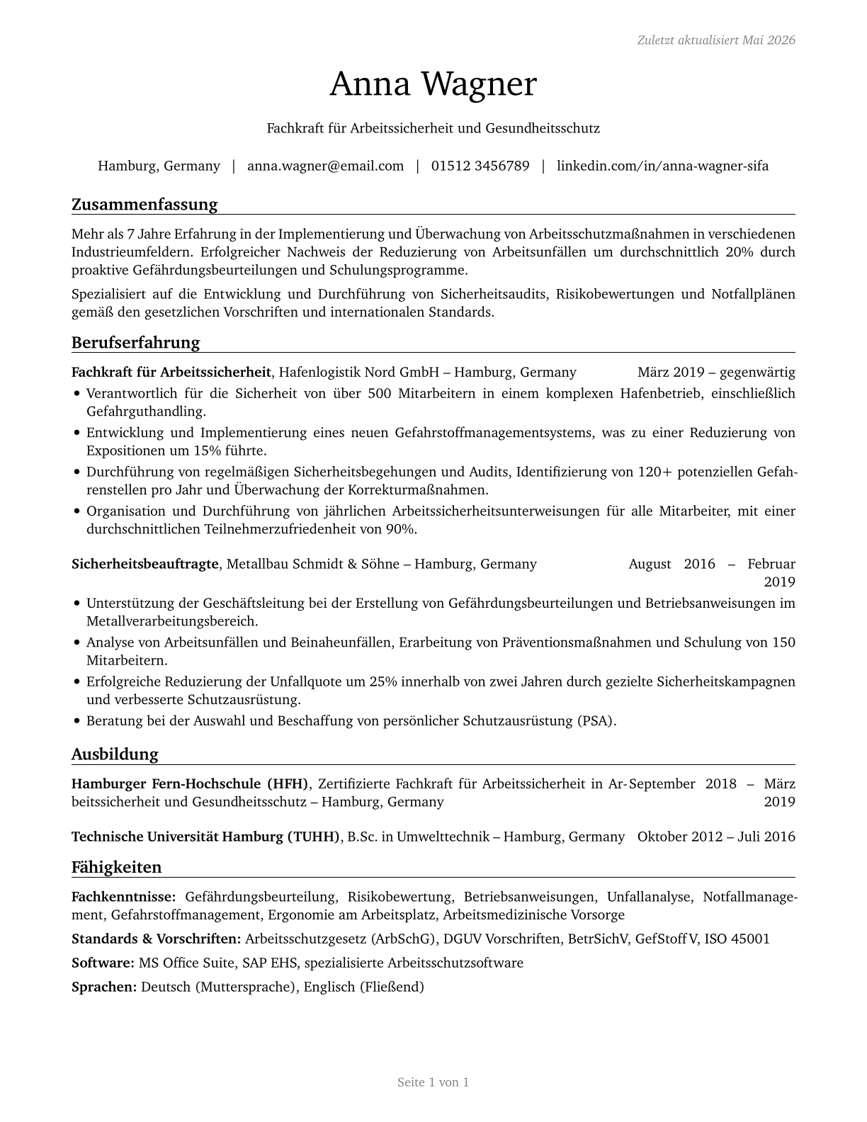 Occupational Health and Safety Technicians CV in German — page 1