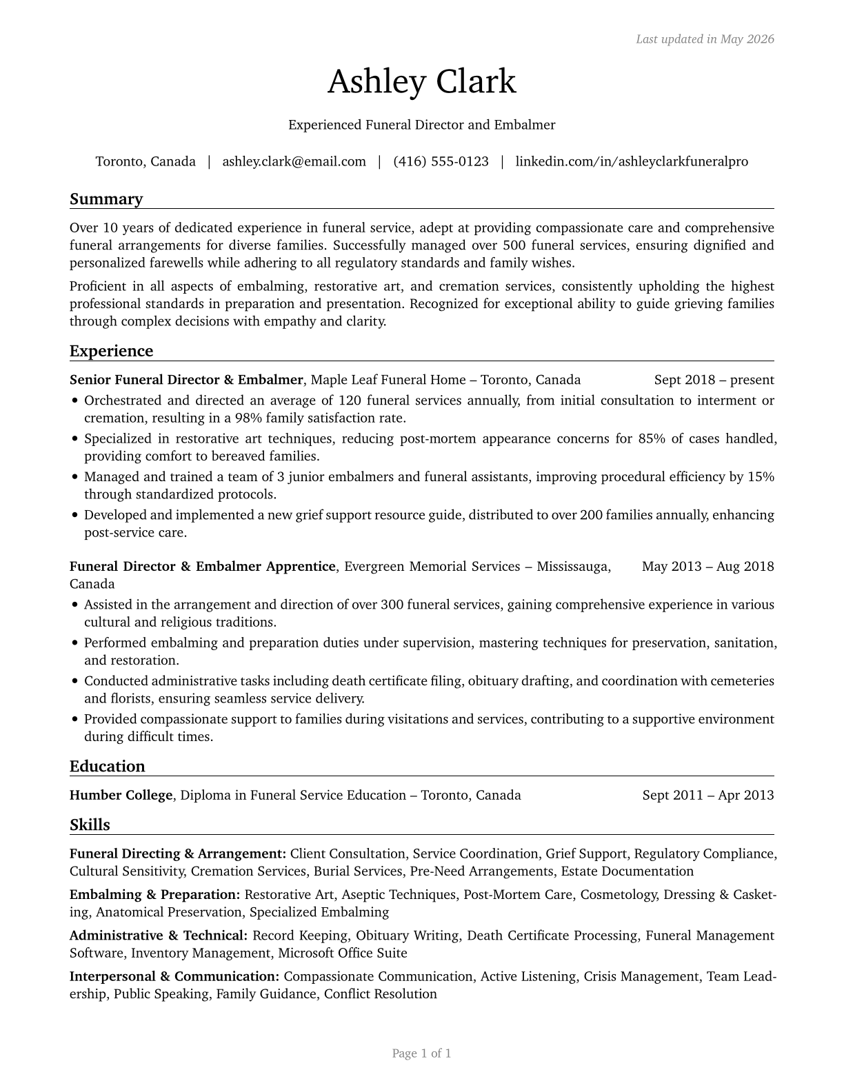 Morticians, Undertakers, and Funeral Arrangers CV in English — page 1