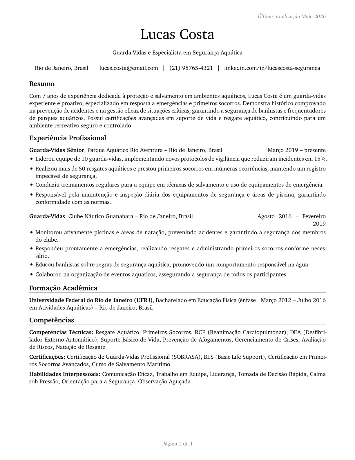 Lifeguards, Ski Patrol, and Other Recreational Protective Service Workers CV in Portuguese — page 1