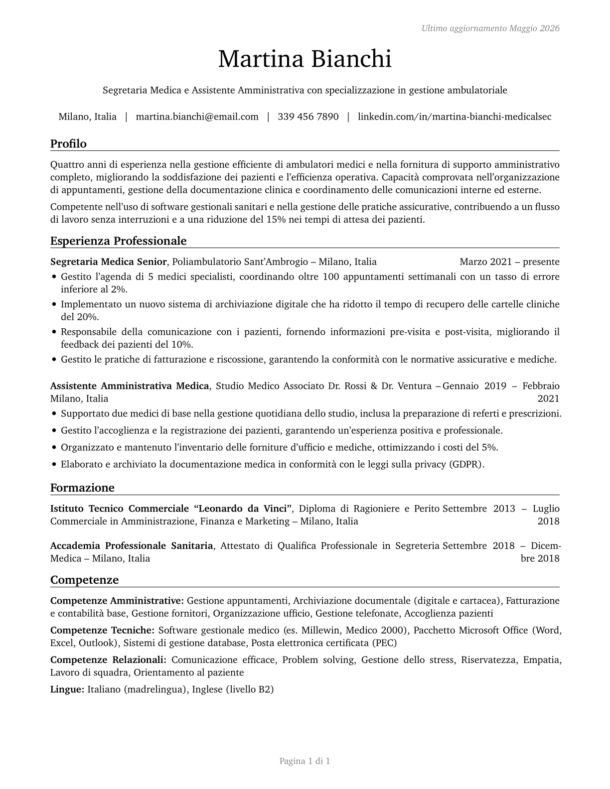 Medical Secretaries and Administrative Assistants CV in Italian — page 1