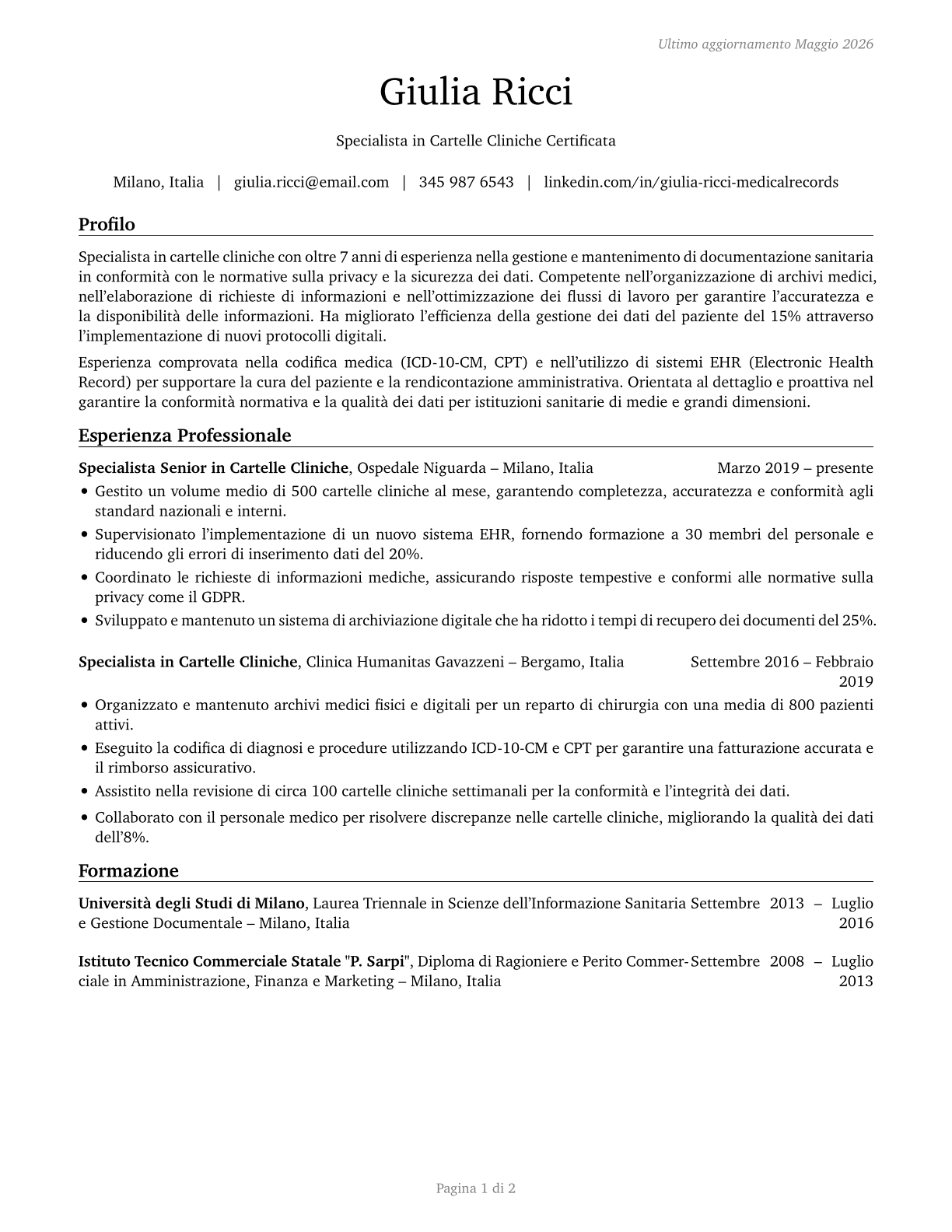 Medical Records Specialists CV in Italian — page 1
