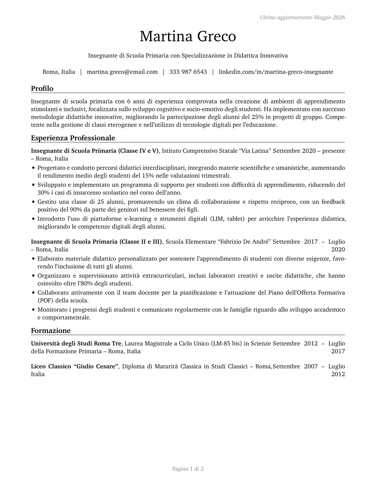 Elementary School Teachers, Except Special Education CV in Italian — page 1