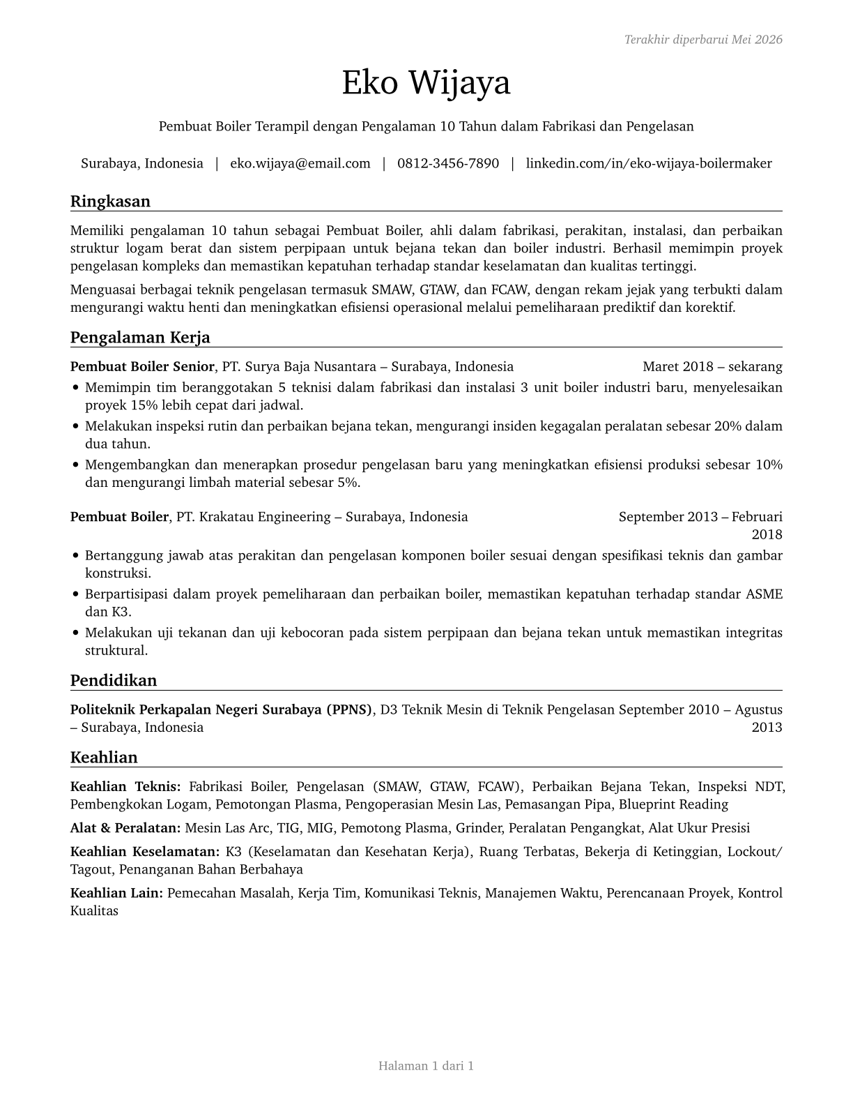 Boilermakers CV in Indonesian — page 1