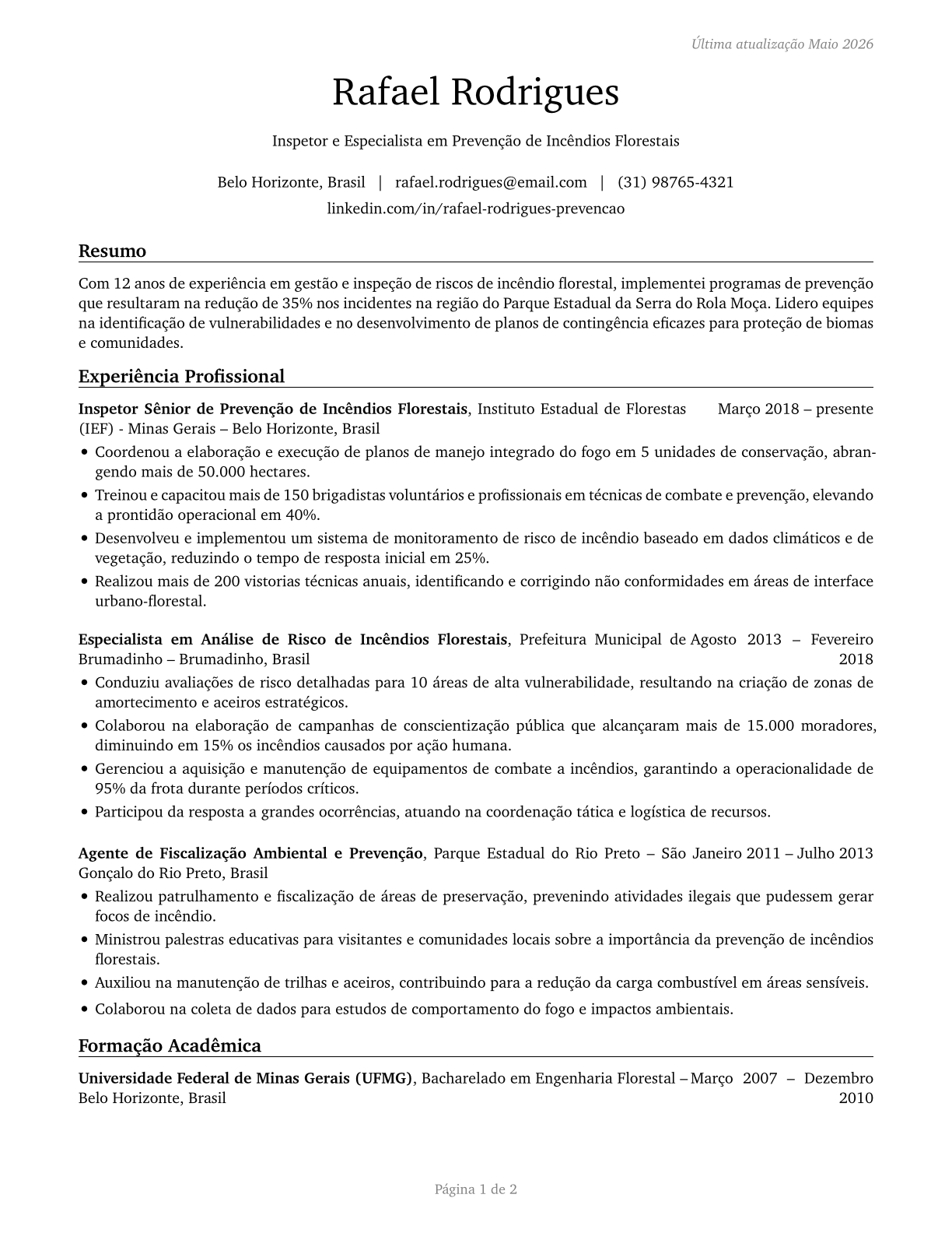 Forest Fire Inspectors and Prevention Specialists CV in Portuguese — page 1