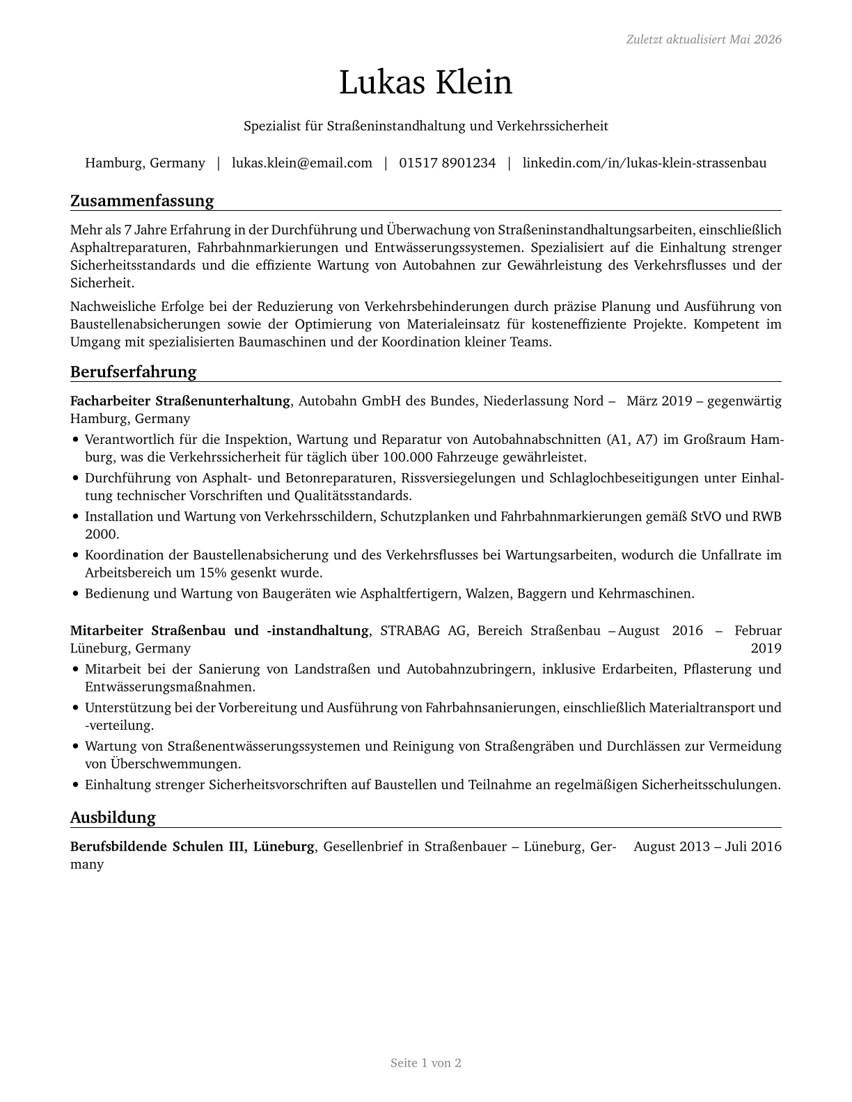 Highway Maintenance Workers CV in German — page 1