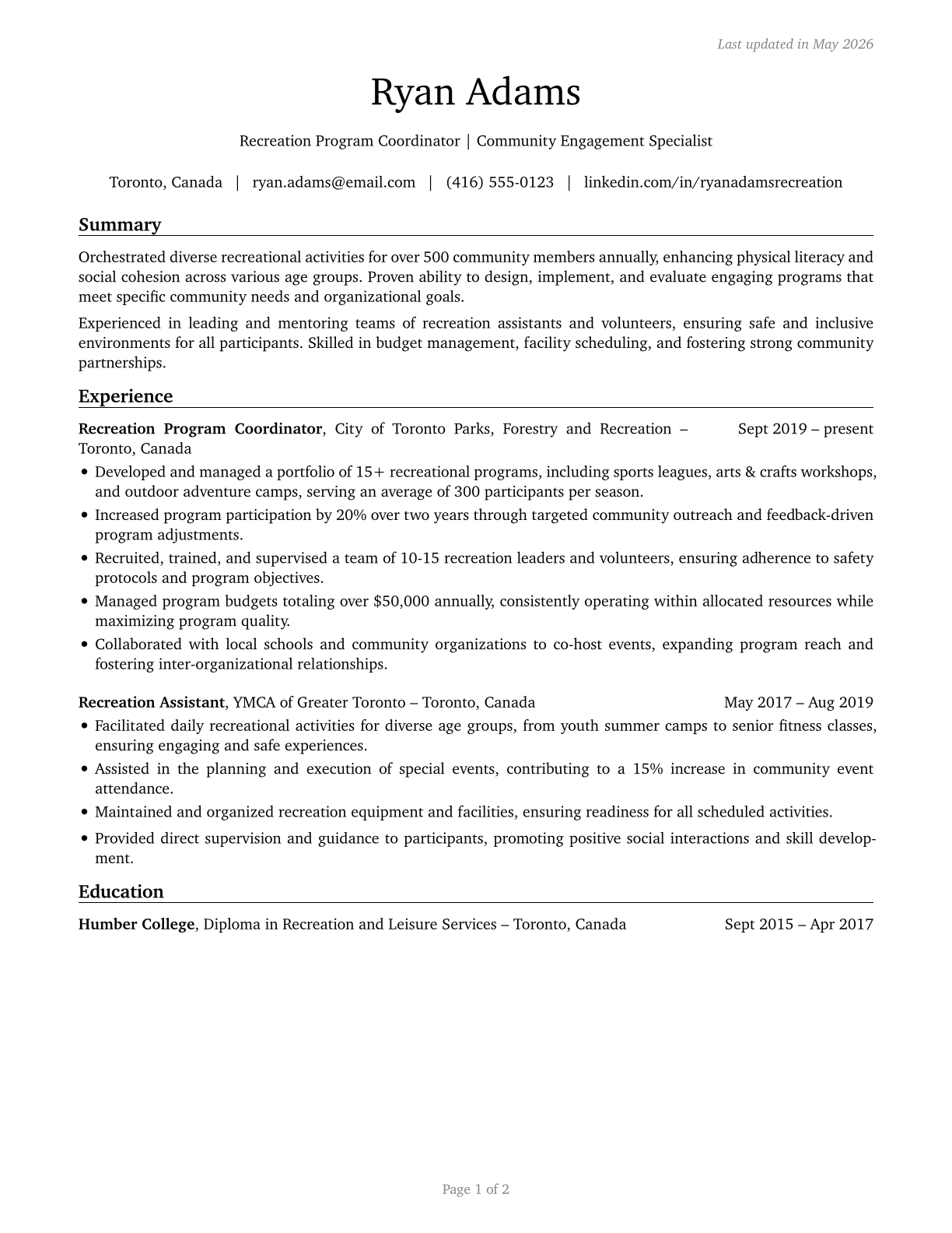 Recreation Workers CV in English — page 1